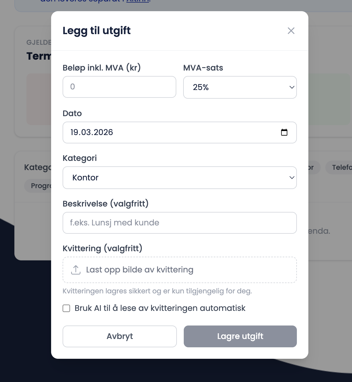 Skjermbilde av utgifter og MVA-oversikt i MinFaktura